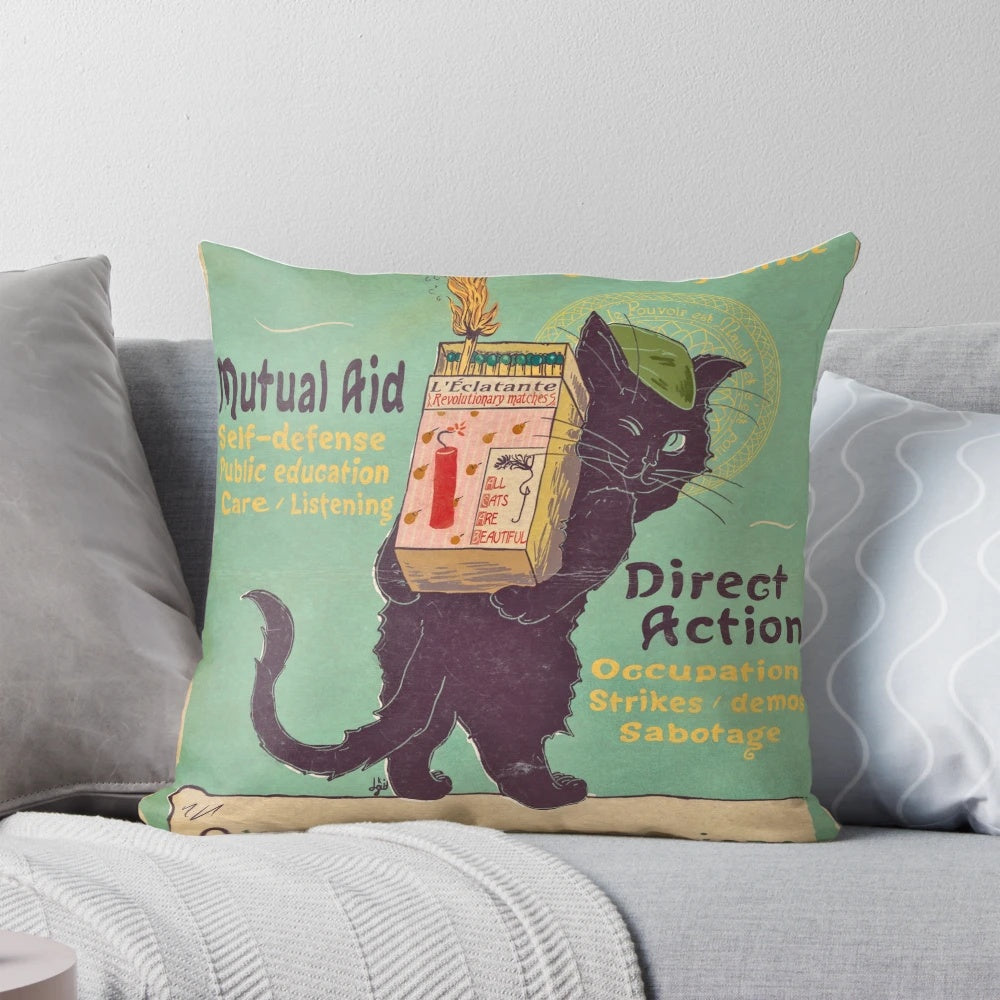 Vintage Art Nouveau-inspired cat pillow with revolutionary leftist symbolism and design.