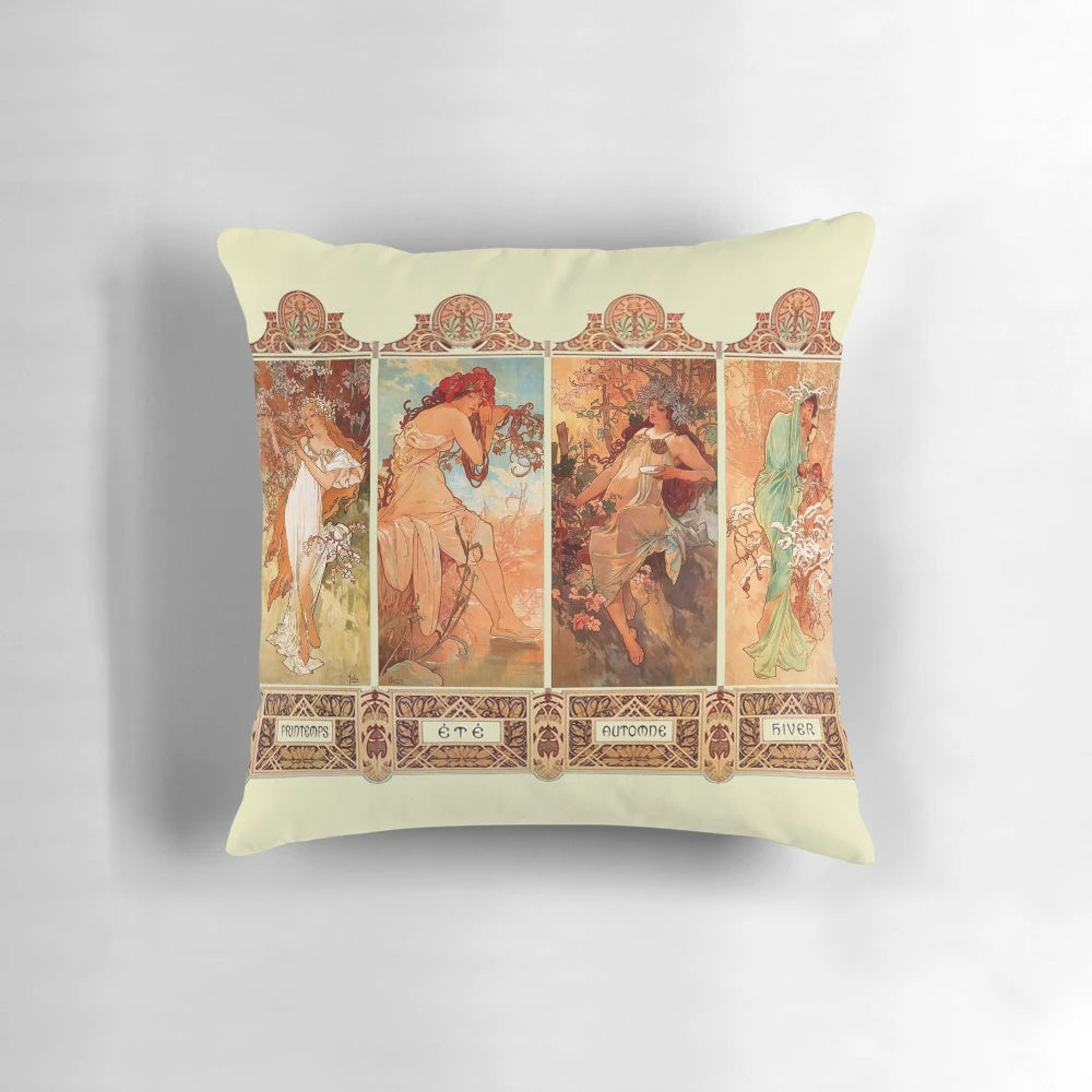 Vintage art nouveau "Four Seasons" throw pillow featuring the classic illustrations of Alphonse Mucha