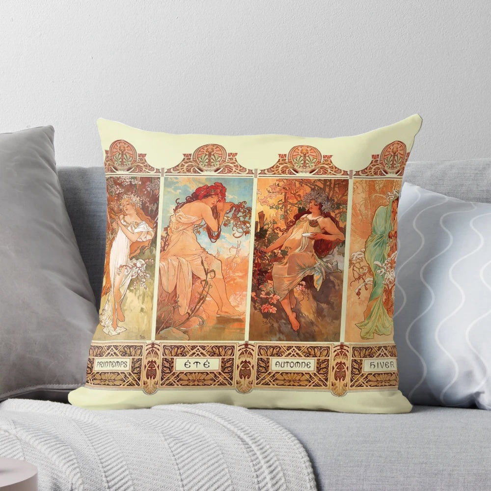 Vintage art nouveau "Four Seasons" throw pillow featuring the classic illustrations of Alphonse Mucha