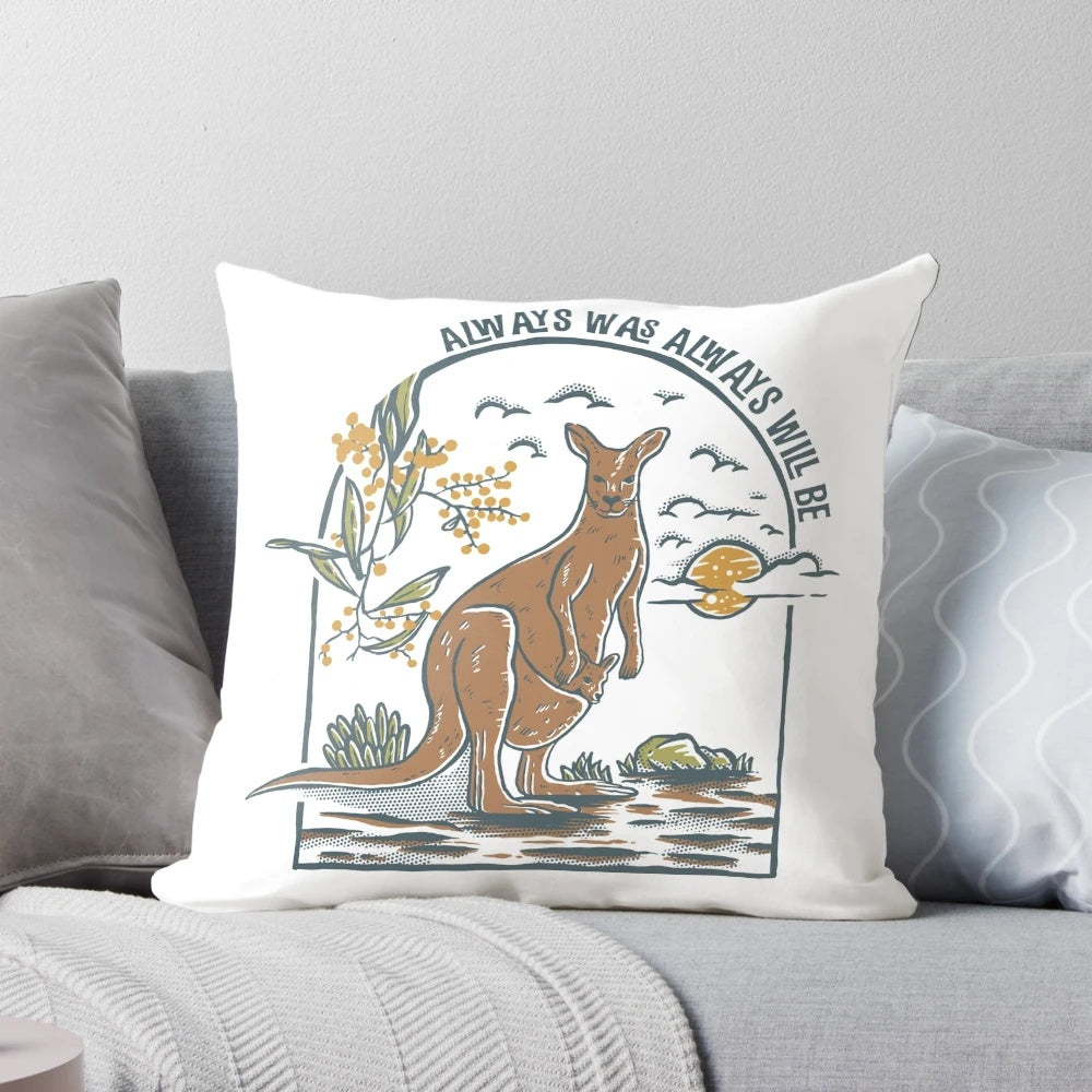 Vintage-style kangaroo throw pillow featuring Australian wildlife