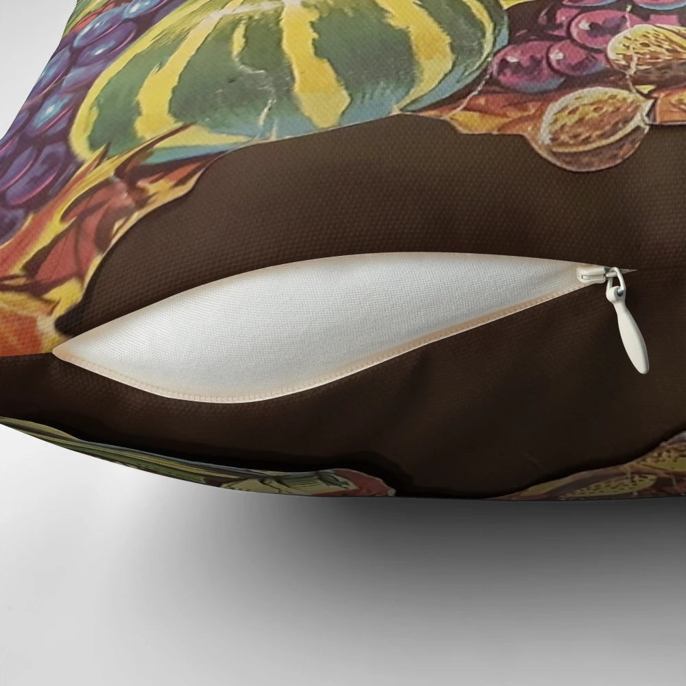 Vintage-inspired autumn cornucopia pillow with fall foliage and decorative elements