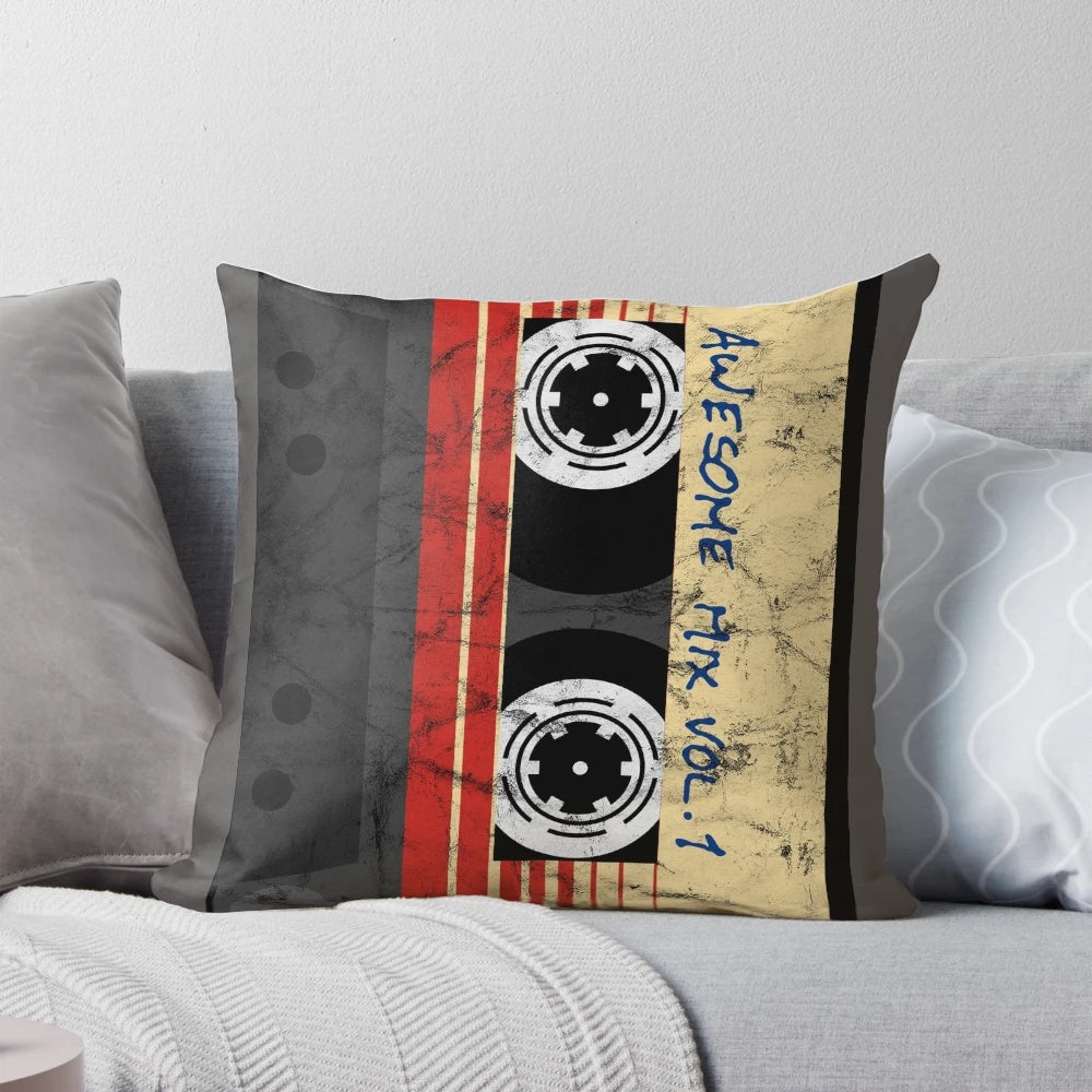 Vintage-style Awesome Mixtape Vol. 1 pillow featuring Guardians of the Galaxy and other Marvel superheroes