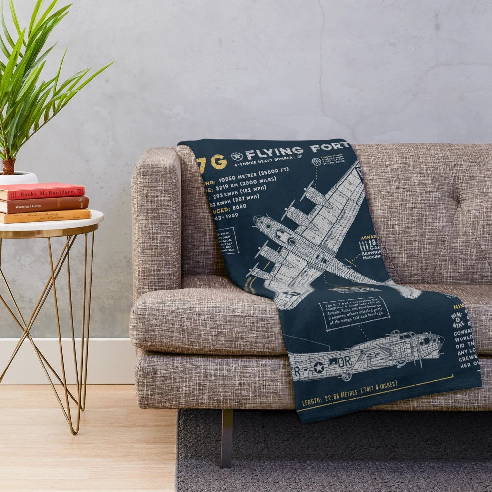 Soft and cozy plush blanket featuring a vintage illustration of the iconic B-17 Flying Fortress bomber aircraft