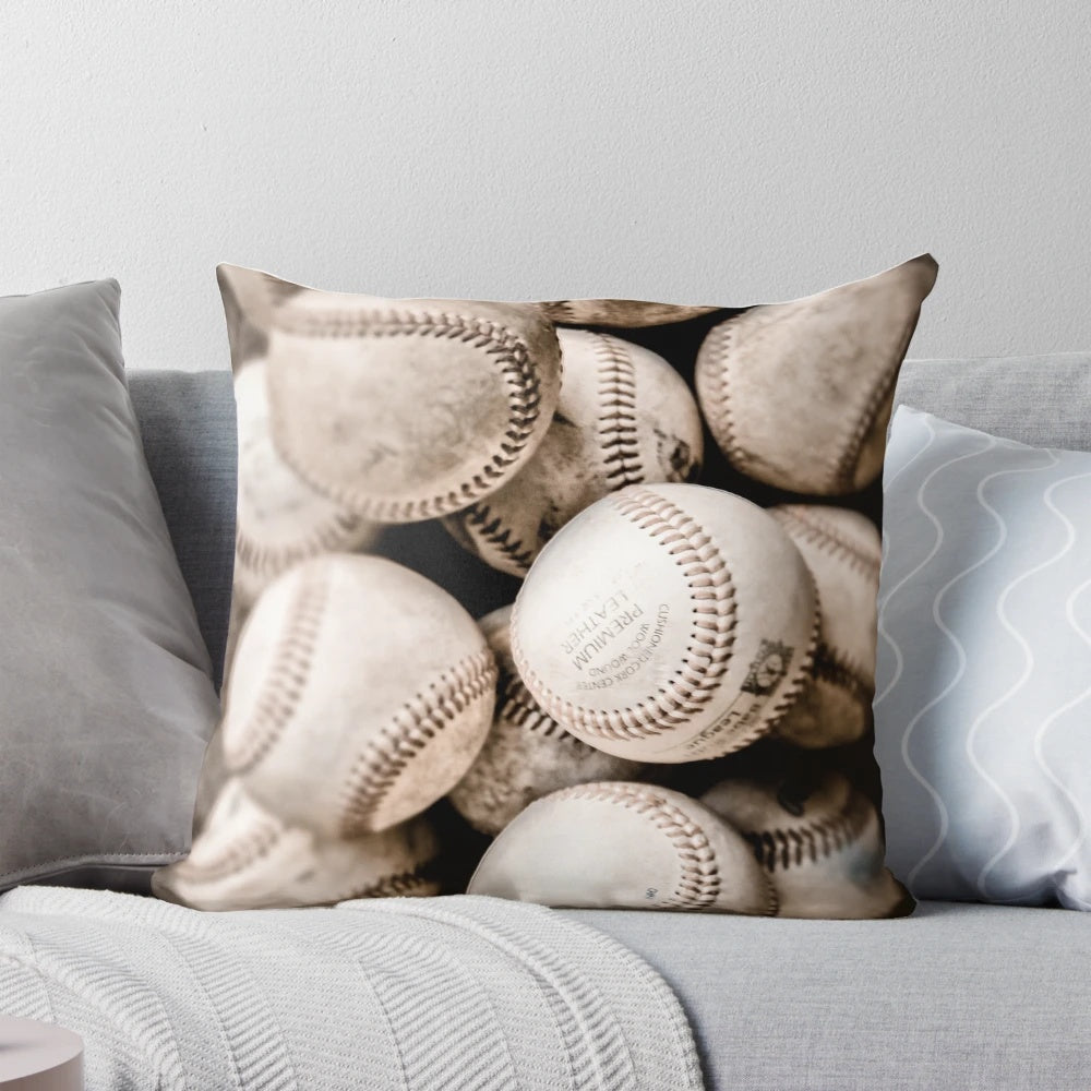 Vintage-style baseball throw pillow with grunge and stitching details, perfect for sports fans and boys' rooms.