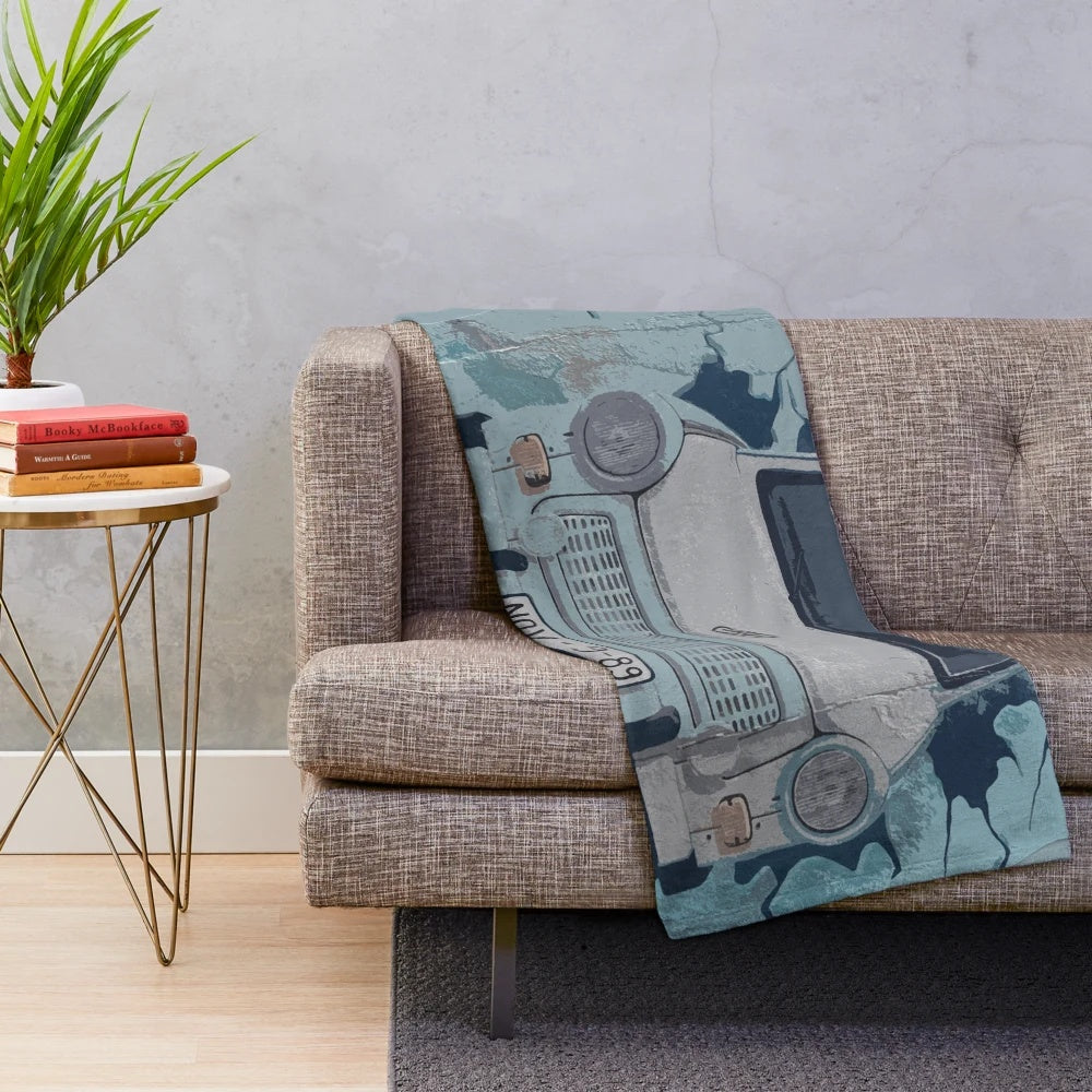 Plush blanket featuring a vintage Trabant car on the Berlin Wall with graffiti
