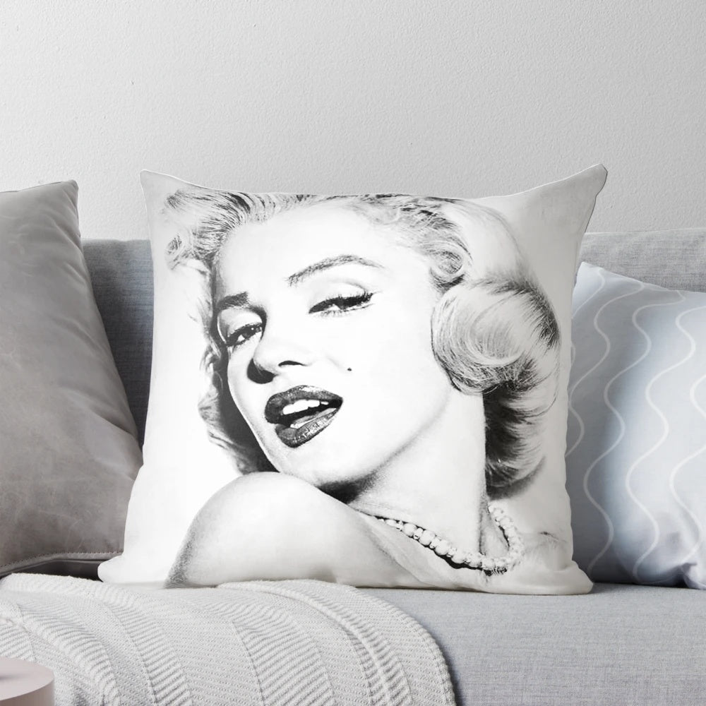 Vintage black and white portrait of Marilyn Monroe, a famous Hollywood actress, on a high-quality D24 pillow.