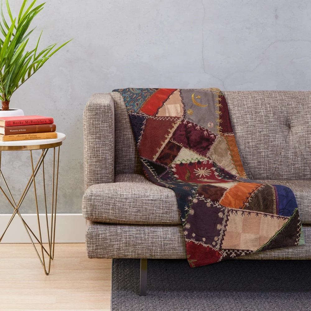 Vintage Bohemian Plush Blanket with Colorful Patchwork Design