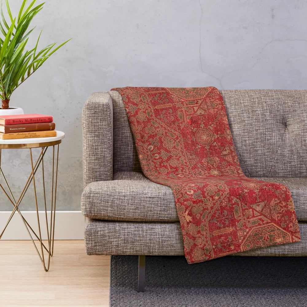 Colorful vintage-inspired plush blanket with distressed 15th century medallion pattern
