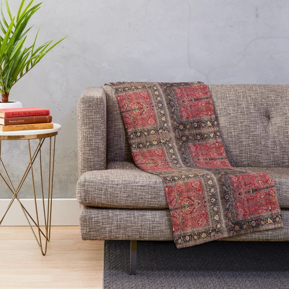 Vintage boho style plush blanket with antique oriental red carpet pattern