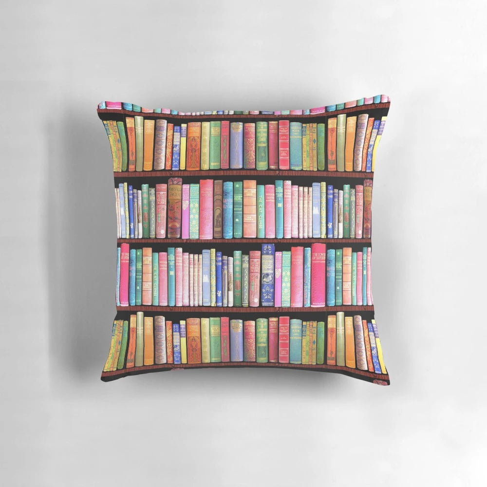 Vintage-inspired pillow featuring an antique book shelf design, perfect for book lovers and bibliophiles.