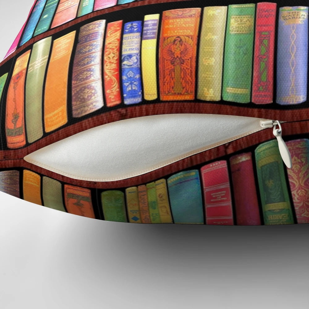 Vintage-inspired pillow featuring an antique book shelf design, perfect for book lovers and bibliophiles.