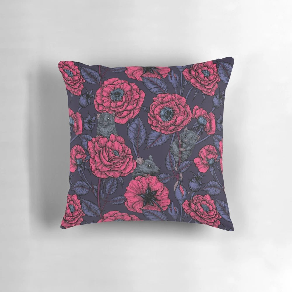 Vintage-inspired pillow with a colorful botanical and mice pattern, perfect for adding a touch of nature to your home decor.