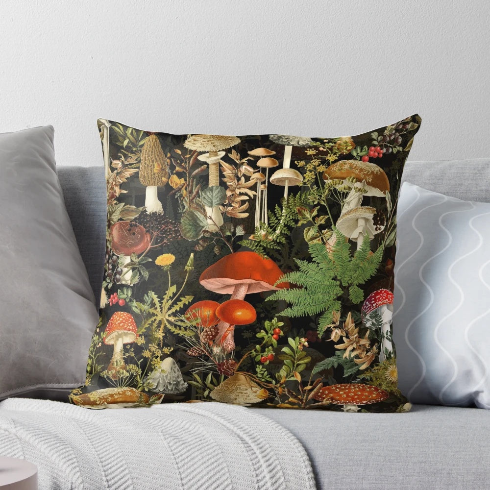 A decorative pillow featuring a vintage botanical pattern of midnight mushrooms in a forest night garden design.