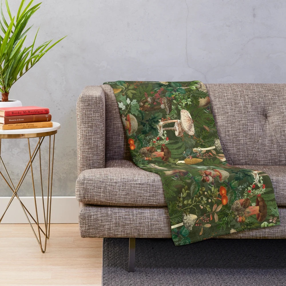 Vintage botanical mushroom forest garden pattern plush blanket