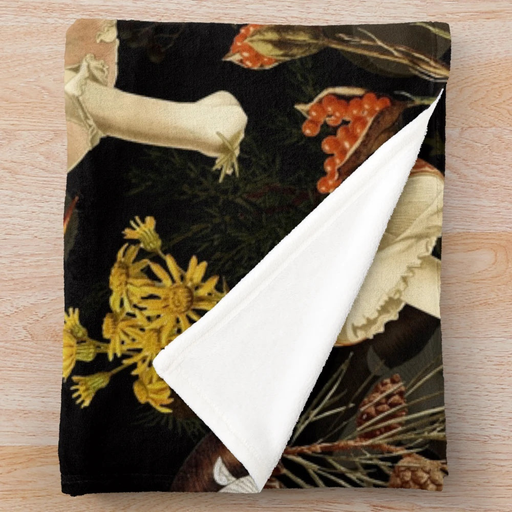Vintage botanical mushroom pattern plush blanket in black and white