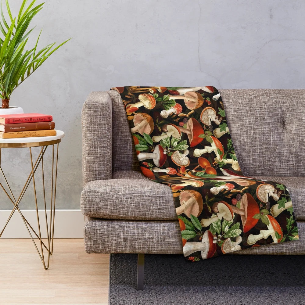 Vintage botanical mushroom pattern plush blanket