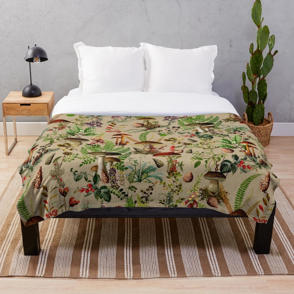 Vintage-style botanical mushroom pattern plush blanket in sepia tones