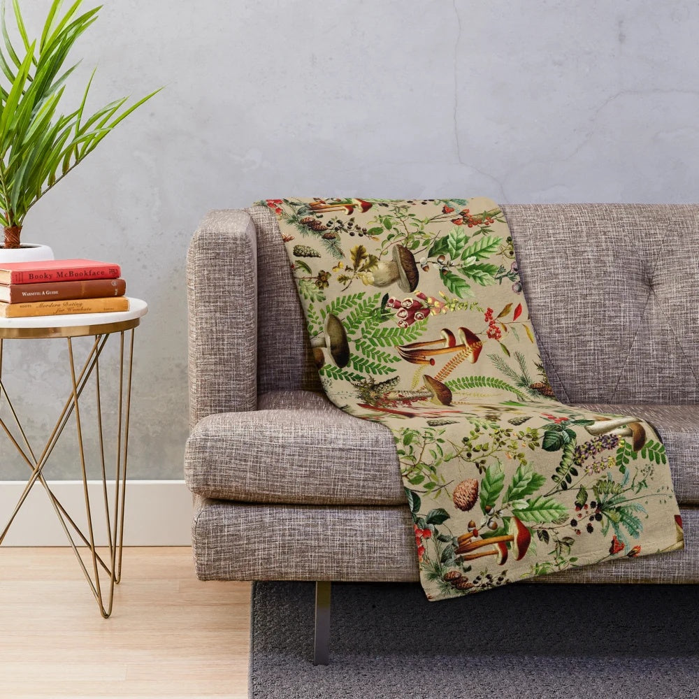 Vintage-style botanical mushroom pattern plush blanket in sepia tones