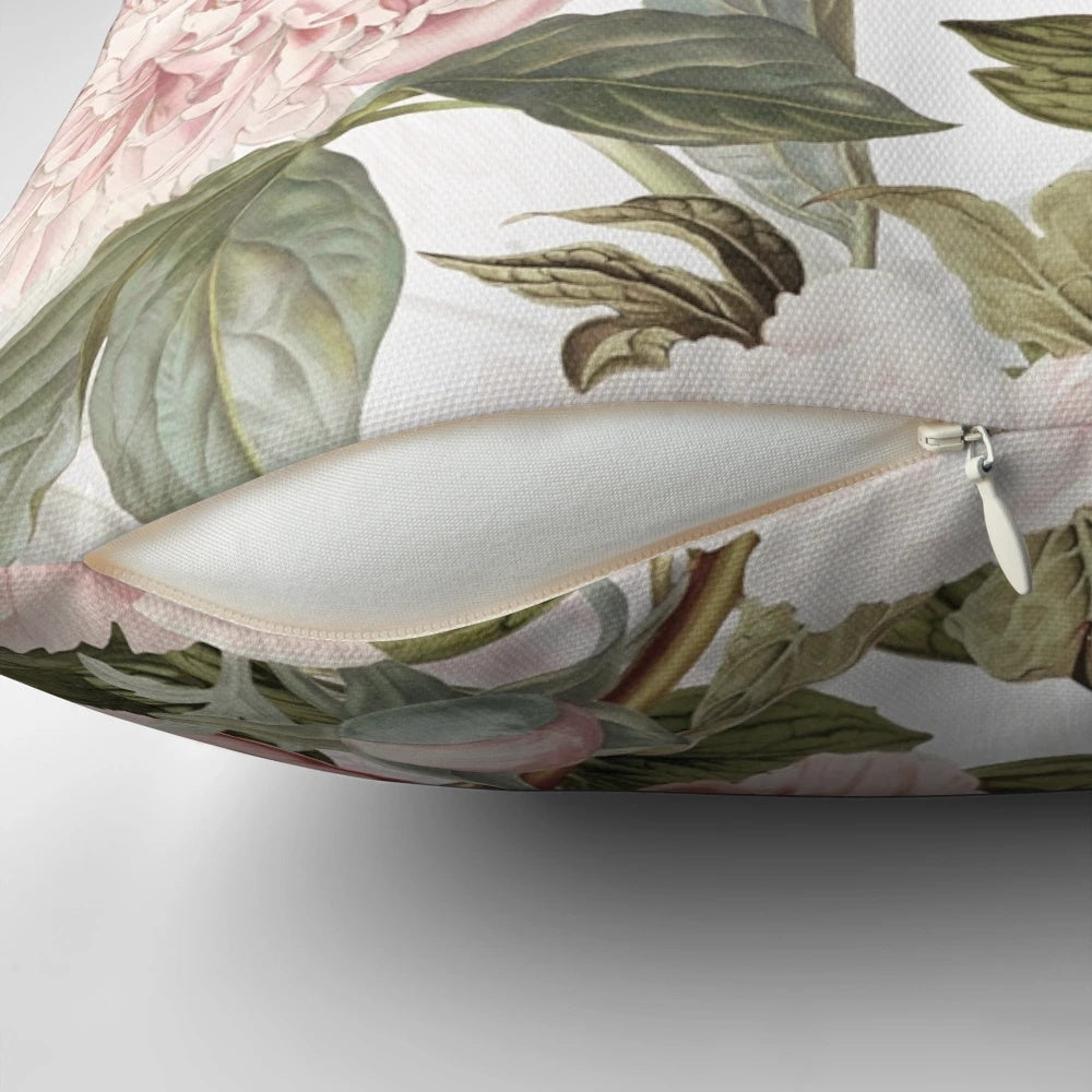 Vintage botanical pattern featuring blush peony flowers in a lush garden setting.