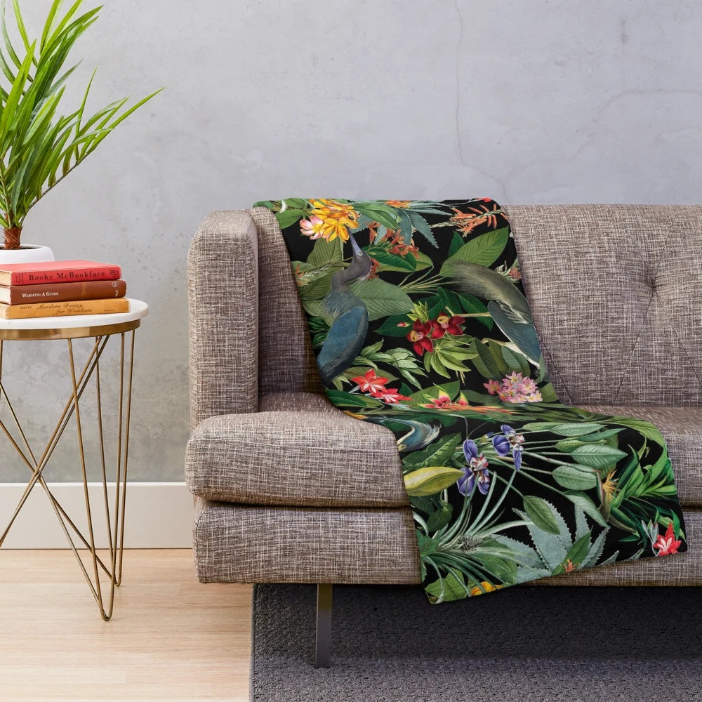 Vintage botanical plush blanket with blue heron and tropical flowers