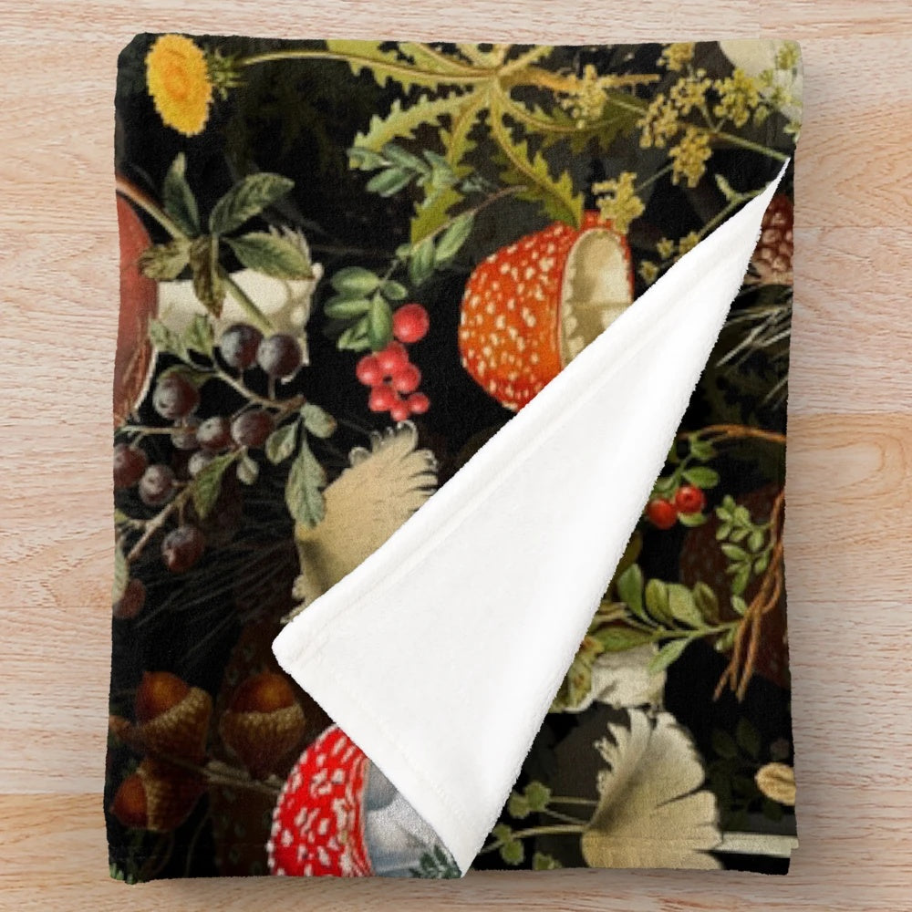 Vintage botanical plush blanket with colorful mushroom pattern design