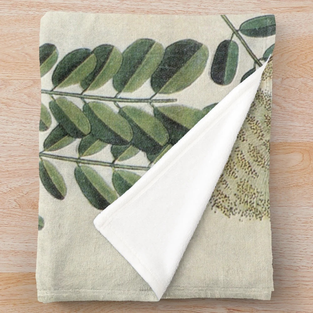 Vintage botanical print plush blanket with acacia plant and tropical leaves