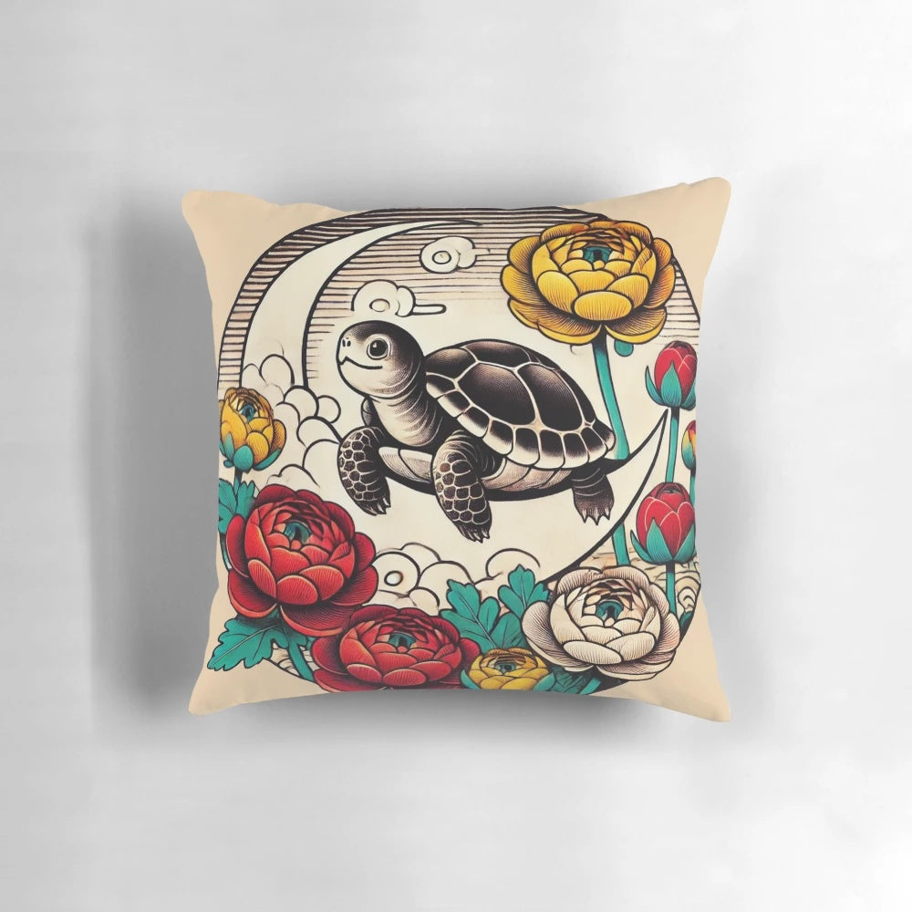 Vintage-inspired box turtle pillow with a whimsical floral design, perfect for nature-lover's home decor.