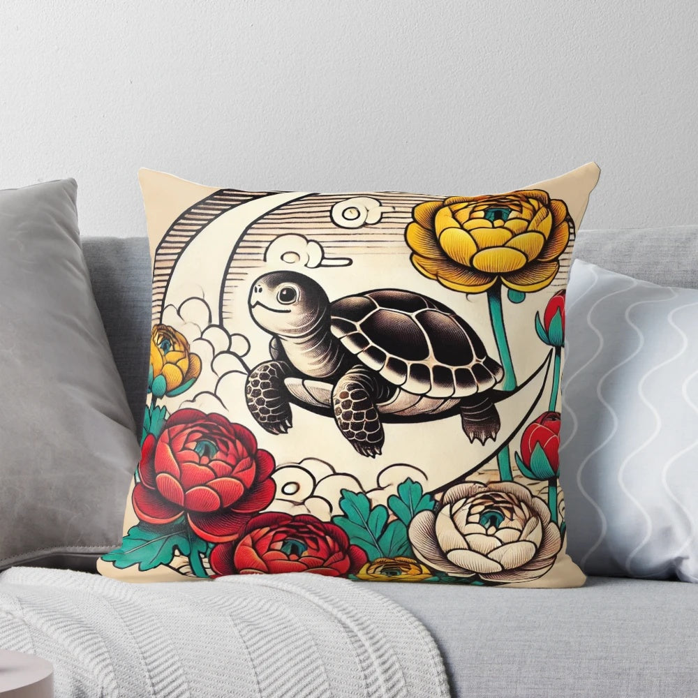 Vintage-inspired box turtle pillow with a whimsical floral design, perfect for nature-lover's home decor.