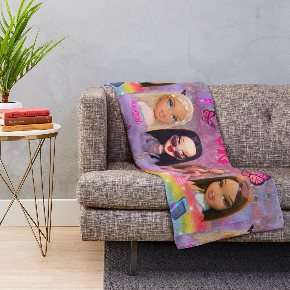 Vintage Bratz Cartoon Collage Plush Blanket for Bedroom, Dorm, or Living Room