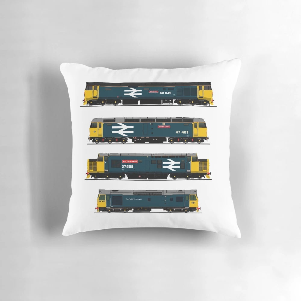 Soft, plush pillow featuring a collage of vintage British Rail diesel locomotives from the 1980s