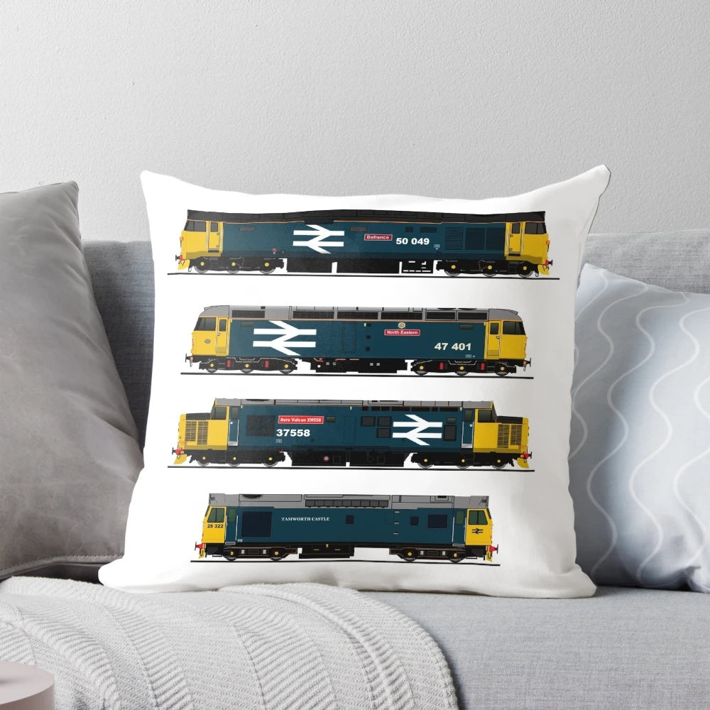 Soft, plush pillow featuring a collage of vintage British Rail diesel locomotives from the 1980s