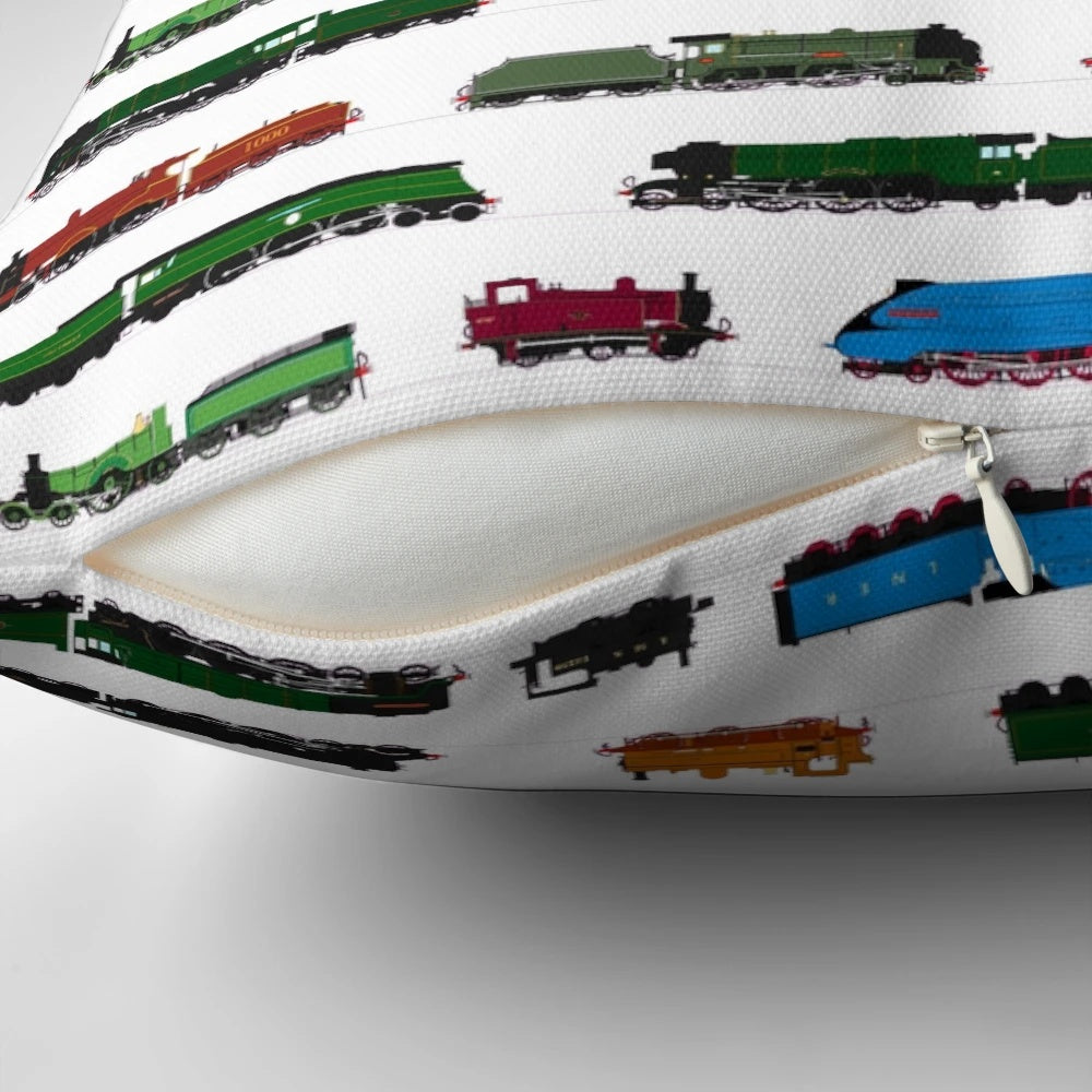 Iconic vintage British steam locomotive pillow, featuring classic train designs.
