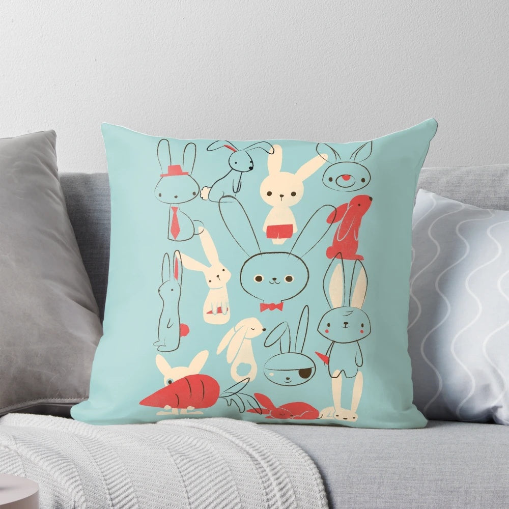 Fluffy vintage-inspired bunnies pillow with carrots