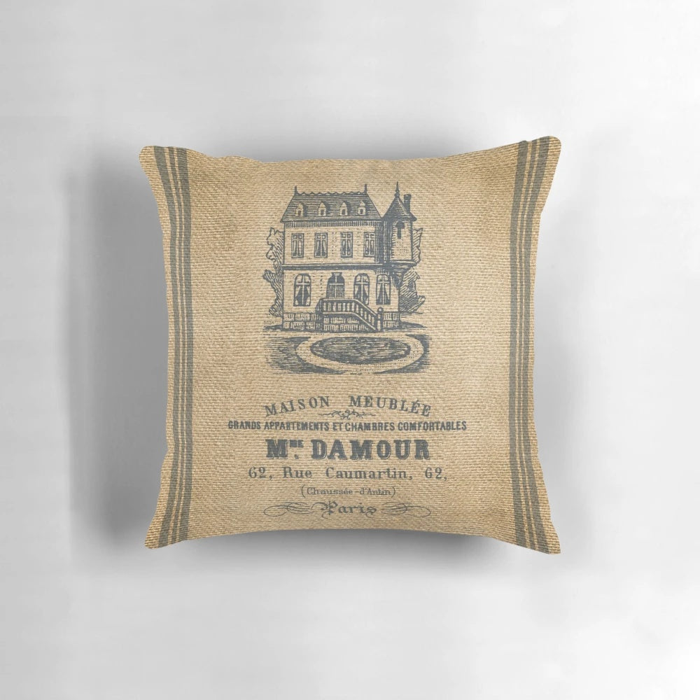 Vintage burlap French country farmhouse design throw pillow for rustic home decor