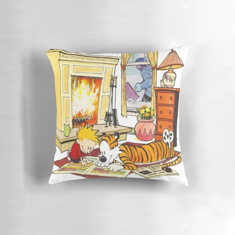 Vintage Calvin and Hobbes comic strip-inspired throw pillow with characters Calvin and Hobbes