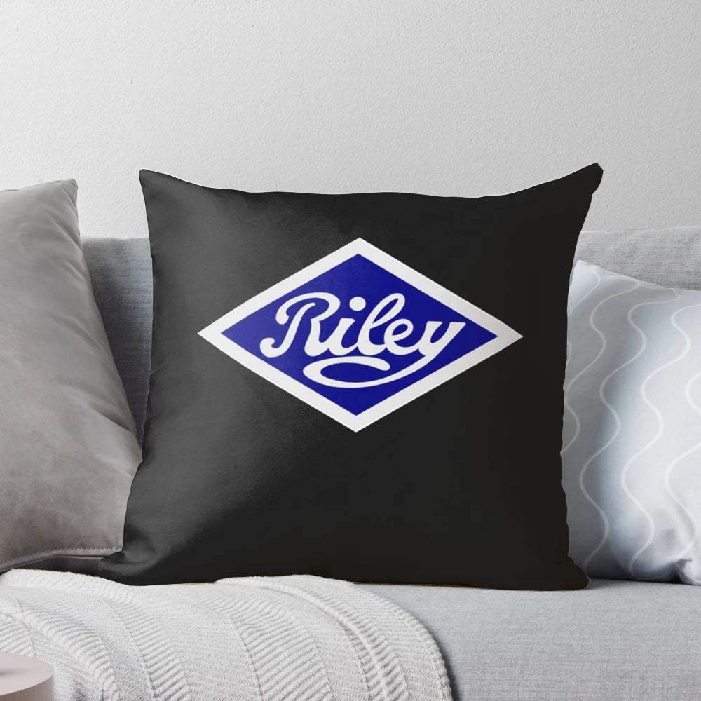 Vintage Riley classic car logo printed on a cozy t-shirt pillow for car enthusiasts.
