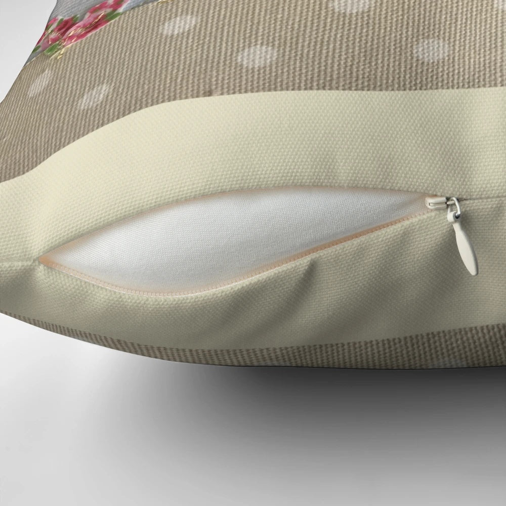 Vintage-inspired caravan-themed decorative pillow with machine embroidered floral stitching