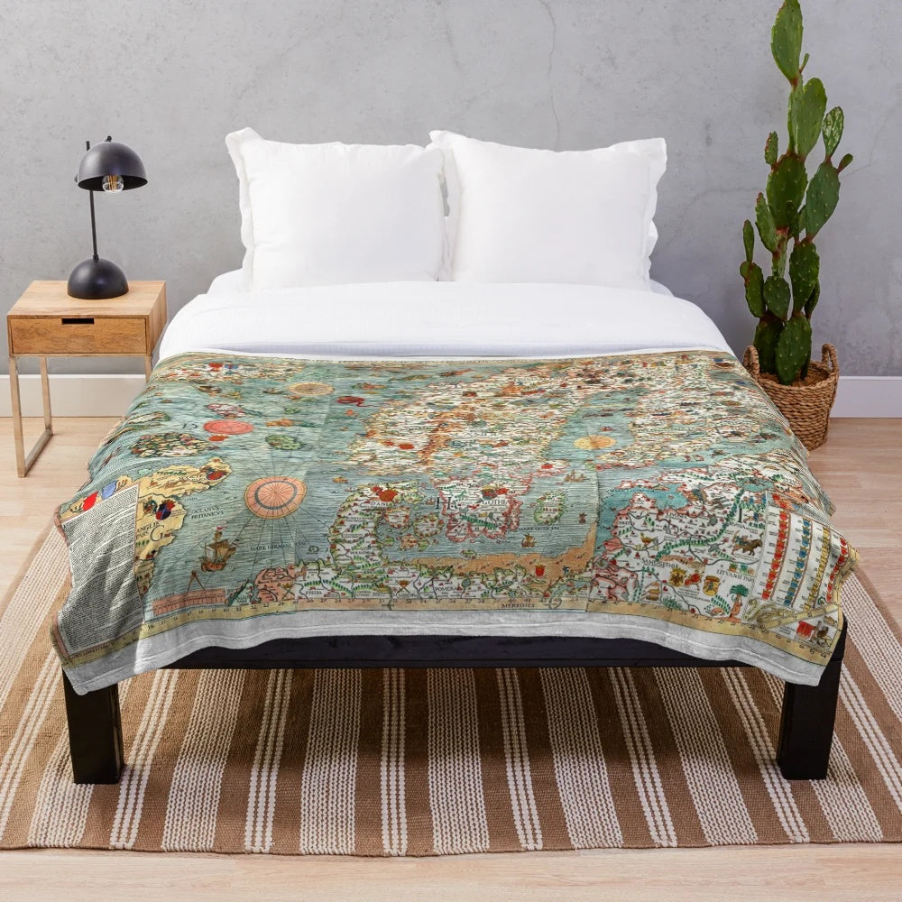 Vintage Carta Marina plush blanket featuring the 1539 Scandinavia map by Olaus Magnus