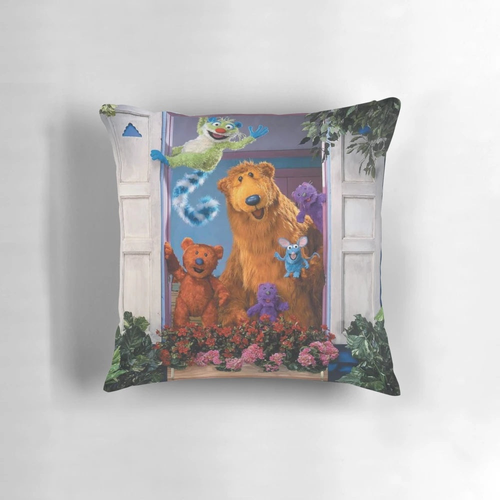 Soft, plush pillow featuring a vintage-style illustration of the beloved character Bear from the popular 90s cartoon "Bear in the Big Blue House".