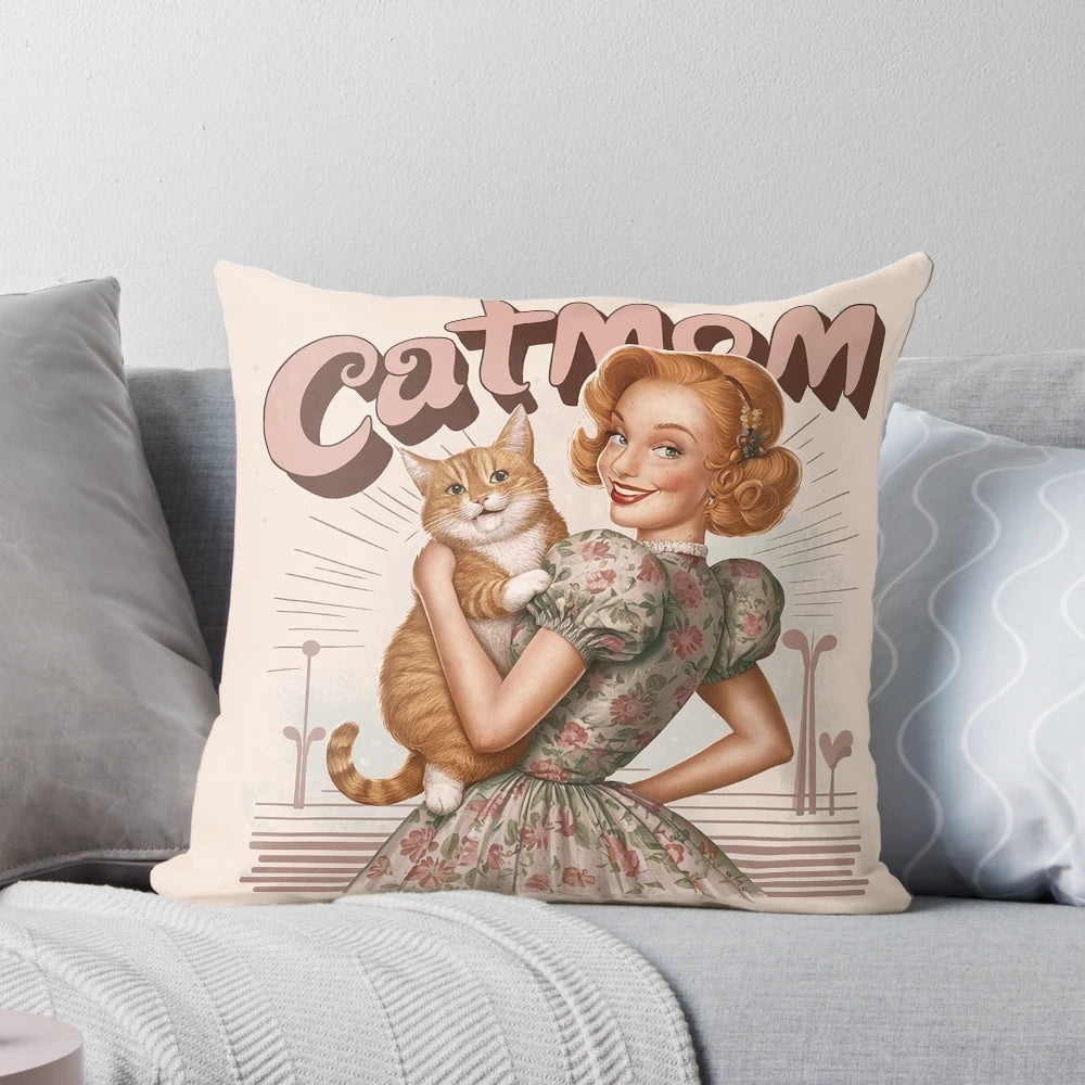 Vintage style graphic pillow featuring a ginger cat design for proud cat moms