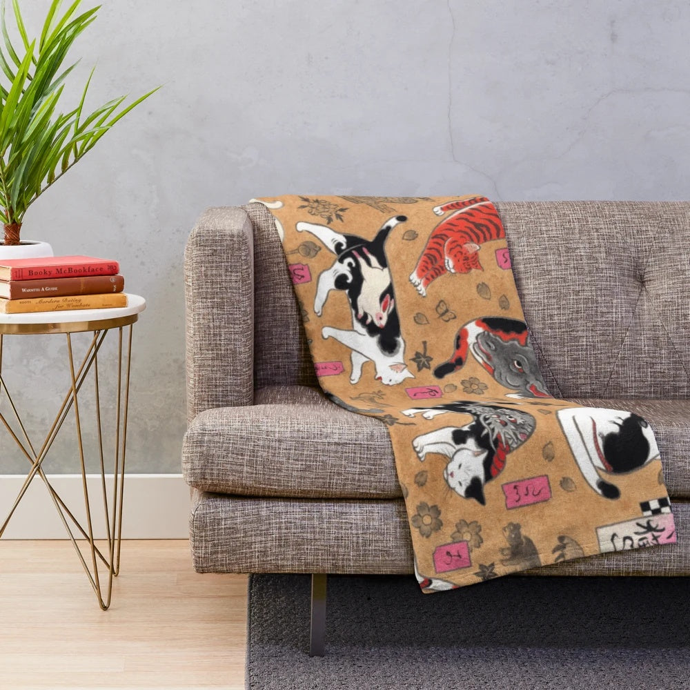 Vintage Japanese-inspired plush blanket with cats and tattoo designs