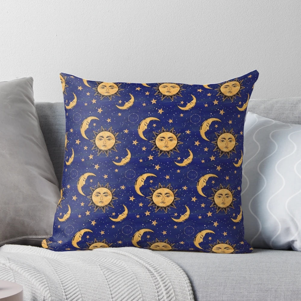 Vintage-style celestial pillow with moon and sun design, perfect for boho, gypsy, and festival home decor