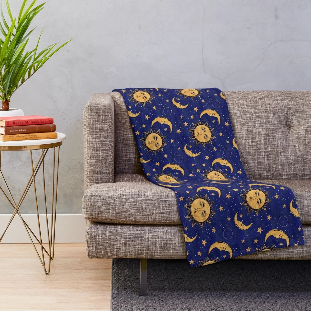 Vintage plush blanket with celestial moon, sun and star design