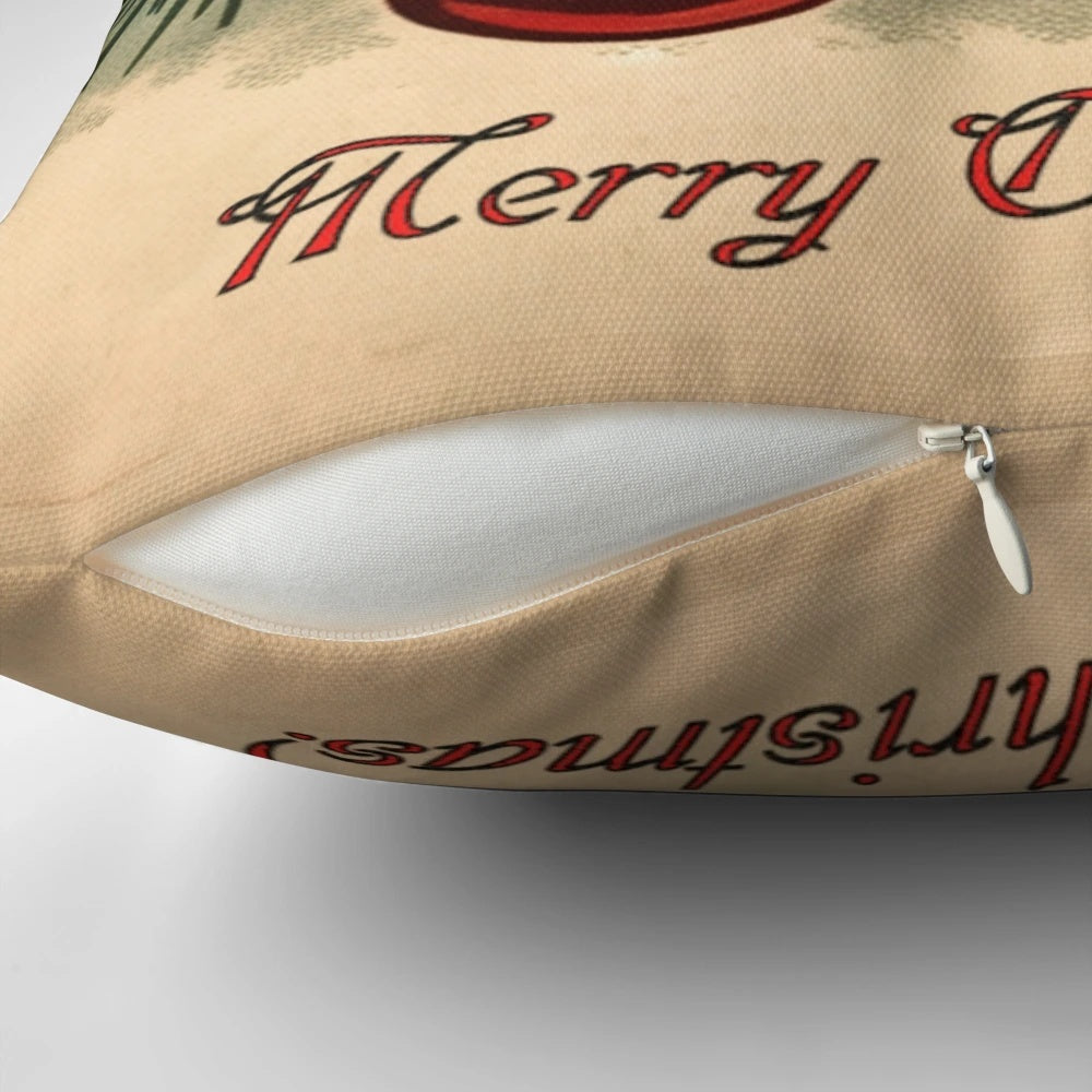 Vintage-style Christmas greeting card printed on a throw pillow with a festive and nostalgic design.