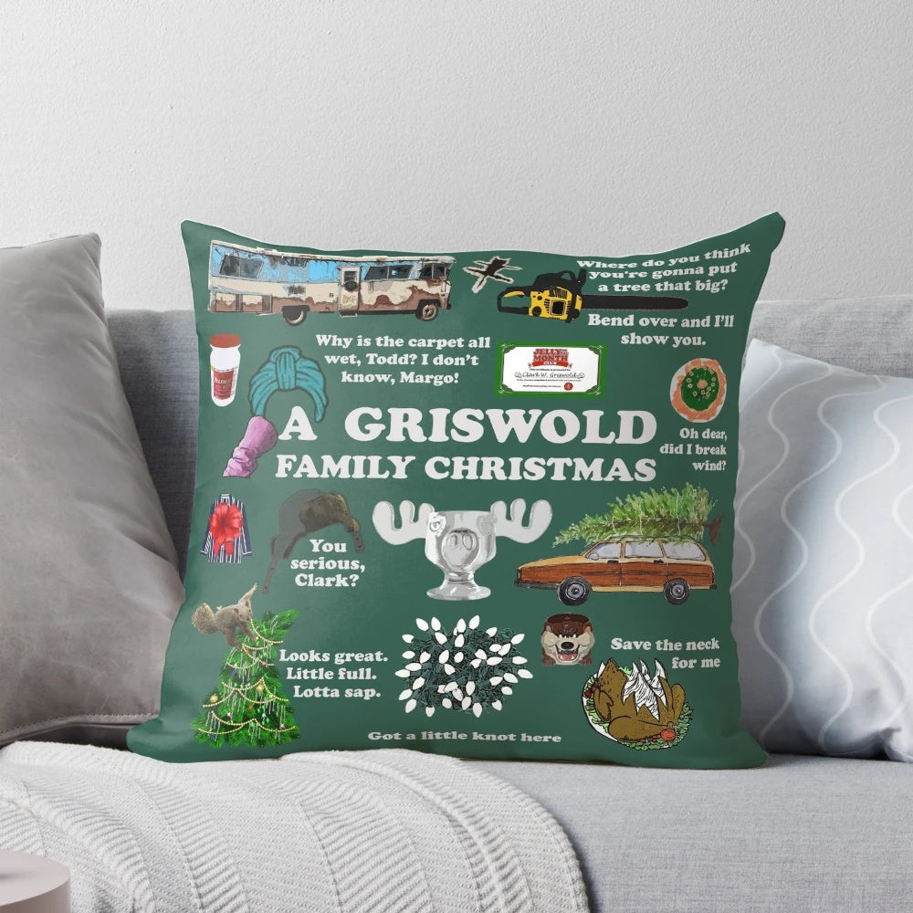 Vintage green Christmas pillow featuring a holiday car and tree design