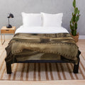 Vintage cinema-themed plush blanket featuring old camera, movie projector, and Ouarzazate landscape