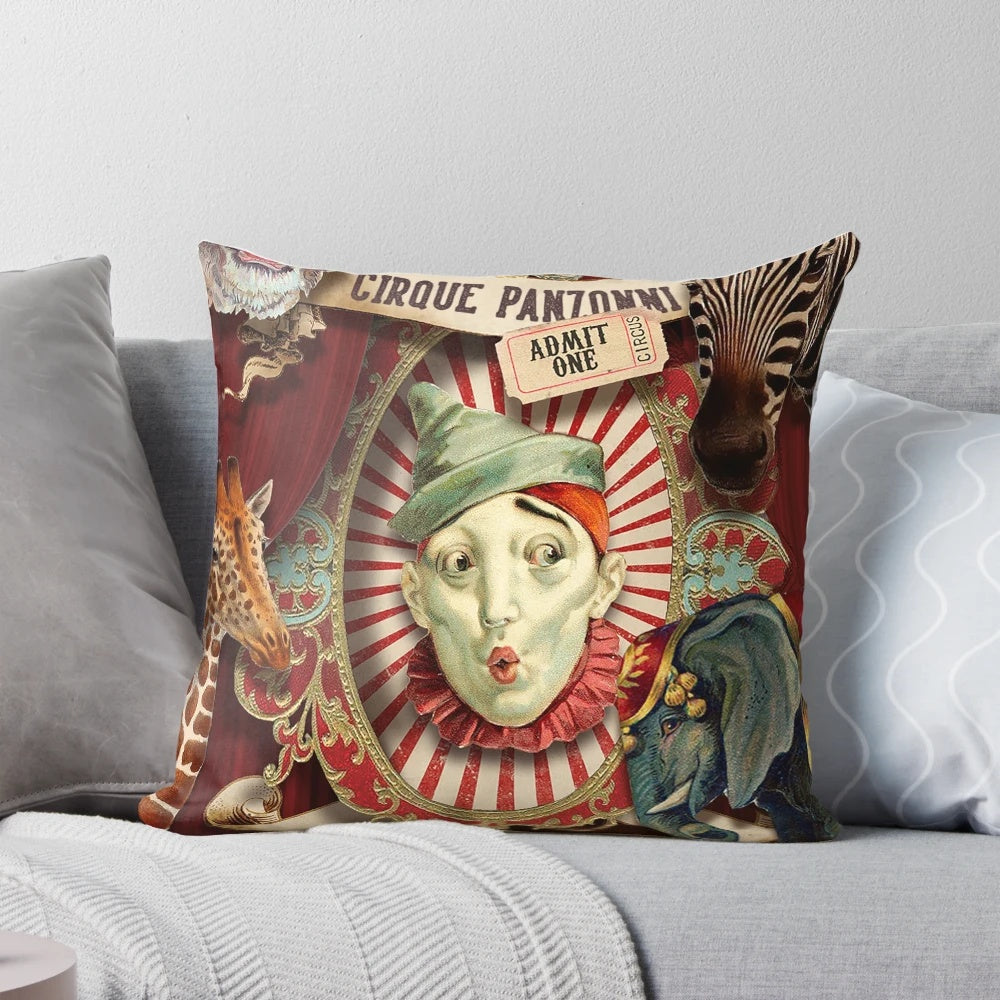 Vintage-style circus-themed velvet throw pillow with engraved elephant, giraffe, and zebra designs