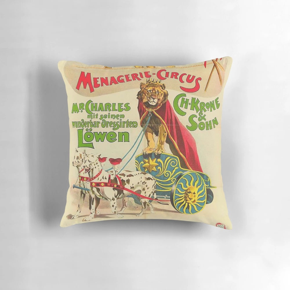 Vintage circus poster pillow featuring colorful illustrations of lions and great danes