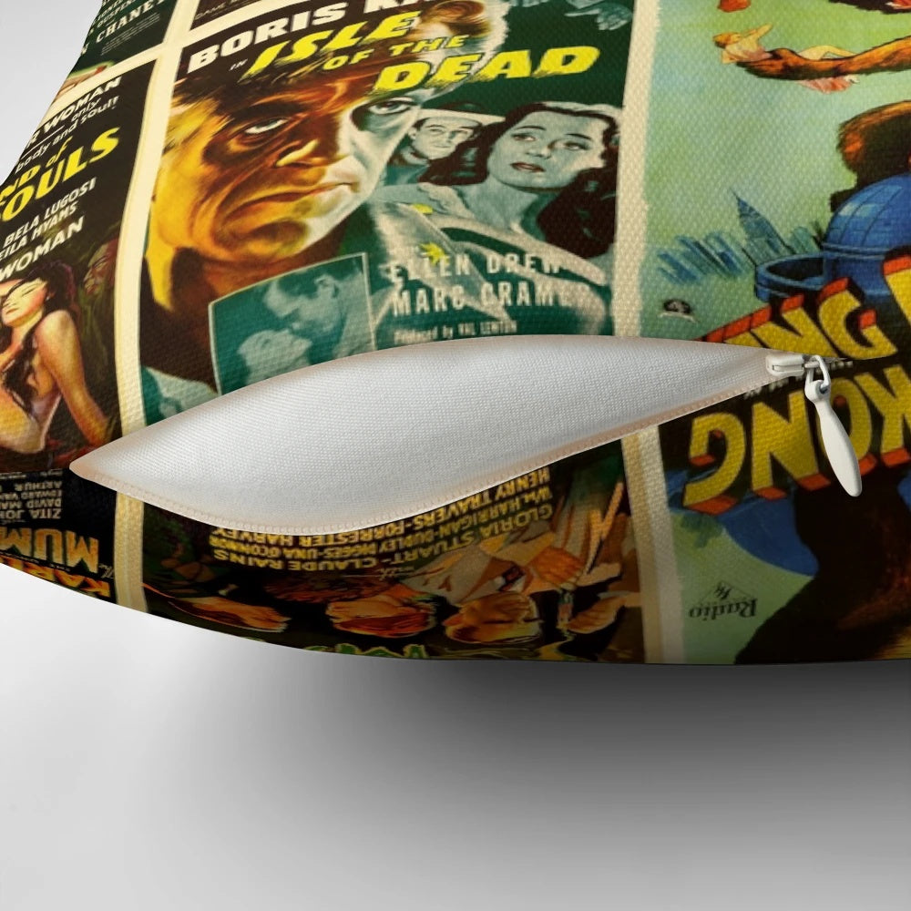 Vintage classic horror movie posters printed on a soft, comfortable throw pillow