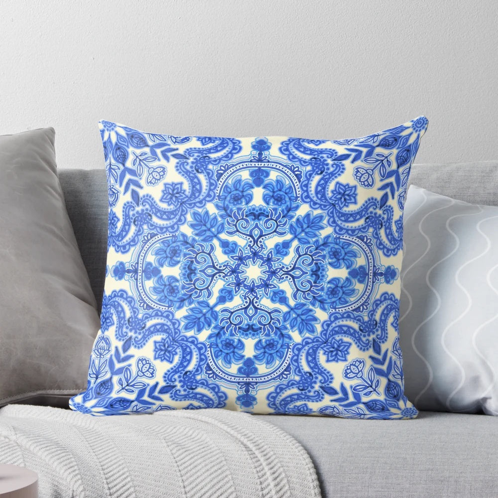 Vintage-inspired cobalt blue and China white folk art pattern pillow